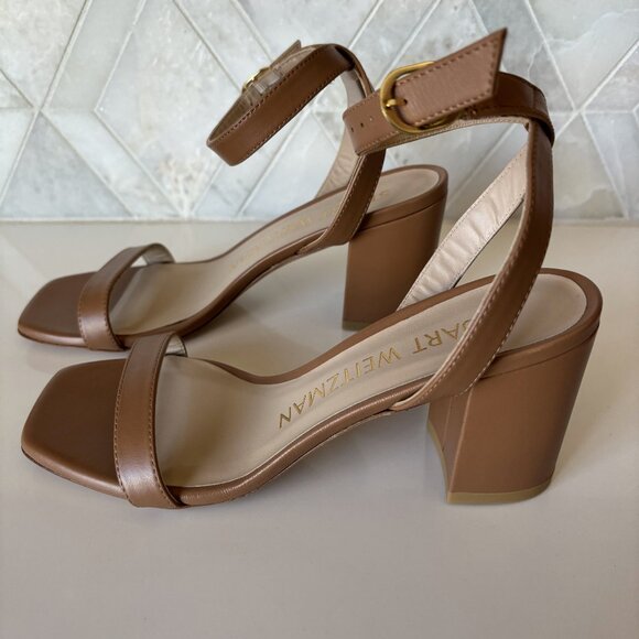 Stuart Weitzman Heeled Sandal with Strap Buckle Tan Brown Nearly Bare New 5.5 B - Picture 3 of 9